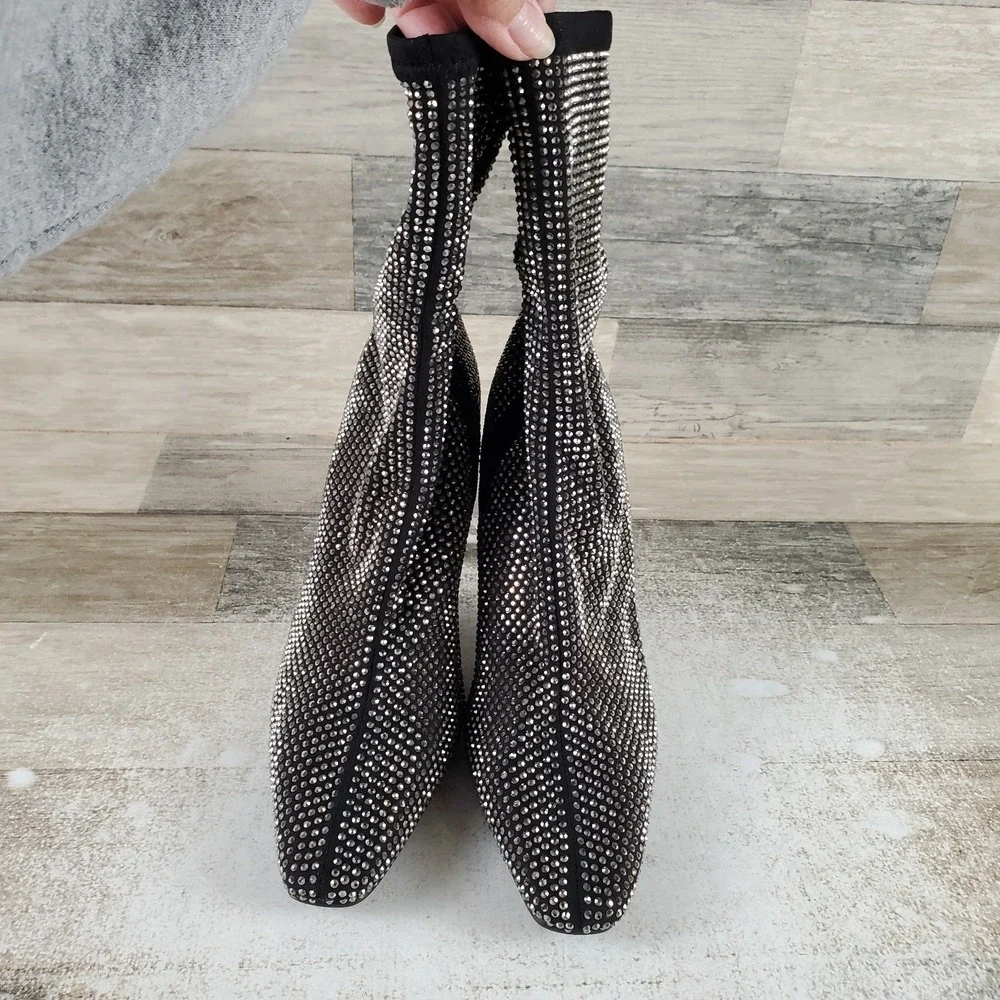 Steve Madden Vakay Womens Ankle Bootie Sz 6 Black Rhinestone Side Zip Pointy Toe